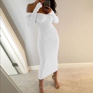 White Ribbed Off Shoulder Dress